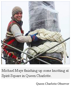 Michale Mayr finsihing up some knotting - Sprit Square, Queen Charlotte